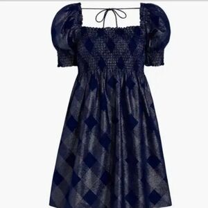 Hill House the Athena Mini Puff Sleeve Nap Dress Navy Glitter Check